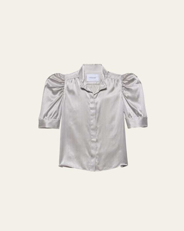 Gillian Stripe Silk Ruched-Sleeve Top